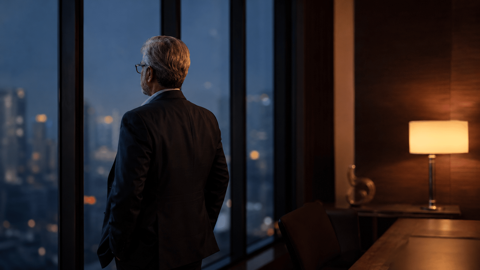 Senior AIKYOS leader standing alone in a corner office at dusk, reflecting on leadership readiness